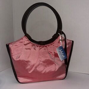 NWT Jody Coyote Pink Pleated Satin Handbag Tote Purse w/ Dark Brown Handles -